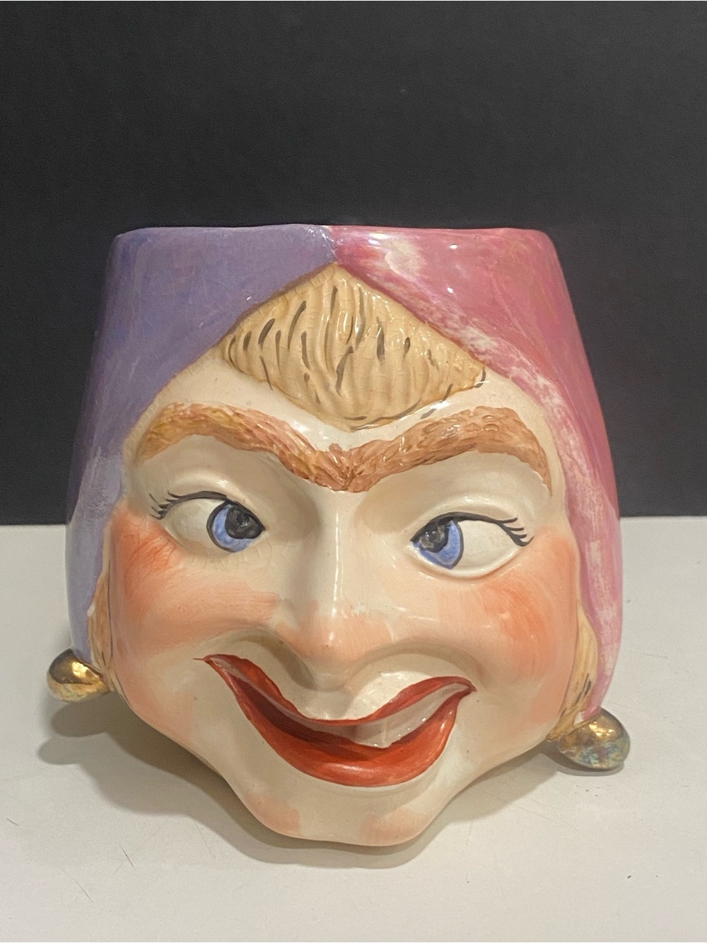 Vintage Hand Painted Ceramic Jester Toby Mug Character Jug Face Cup 5” Unmarked